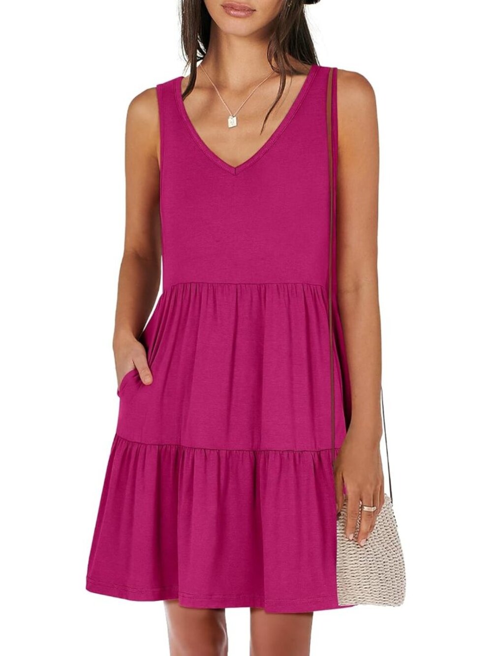 Women's Dark Pink Summer Casual Tank Dress Sleeveless V Neck T Shirt Sundress